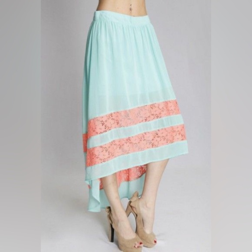 Elegant Aqua and Coral Lace Trim High Low Skirt